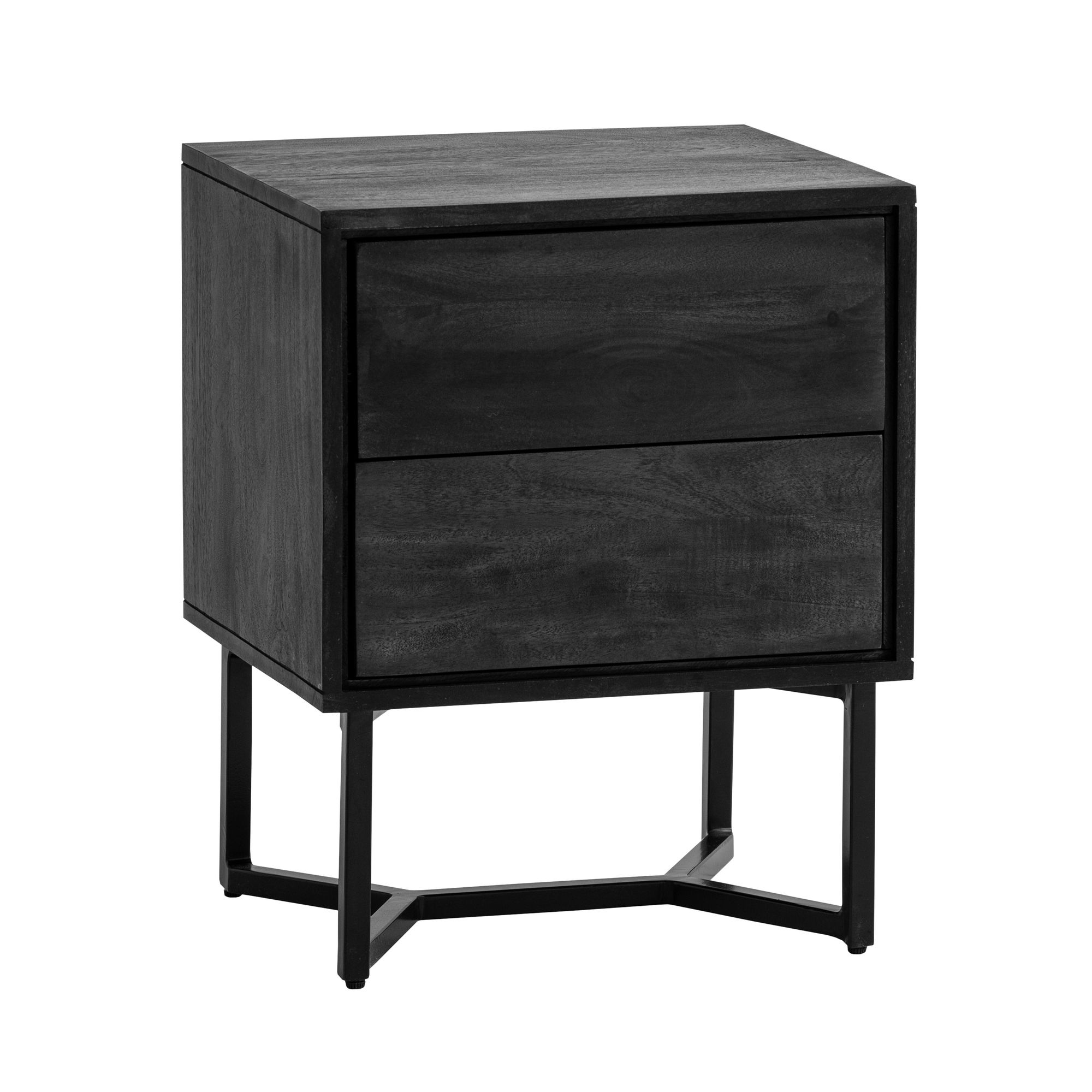 FineBuy Nachttisch Akazie Massivholz Schwarz mit 2 Schubladen & schwarzem Metallgestell – Nachtkommode mit Stauraum modern, Nachtkästchen für Boxspringbett – 45x40x57 cm | Farbe: Schwarz