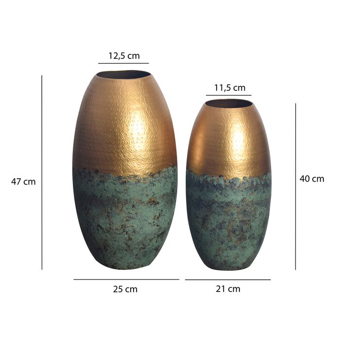 Vase 2er Set FineBuy Blumenvase Aluminium Gold Patina Tischvase Punziert Rund – Maßzeichnung