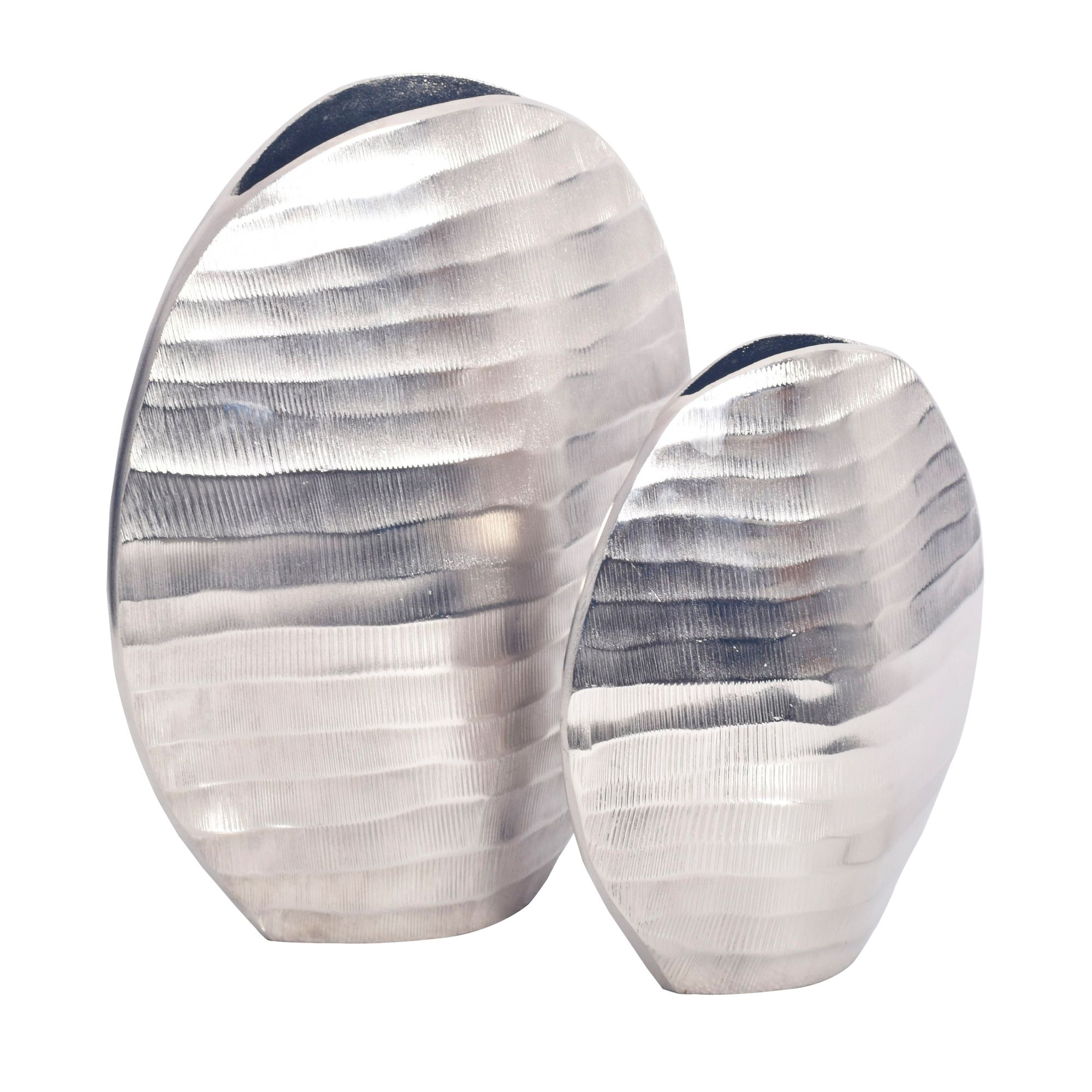 FineBuy Deko Vase 2er Set Aluminium Blumenvase Wellenmuster Modern, Dekovase Rund 2-teilig für Blumen, Alu Tischvase Wohndeko Metall Tischdeko Handgefertigt | Farbe: Silber