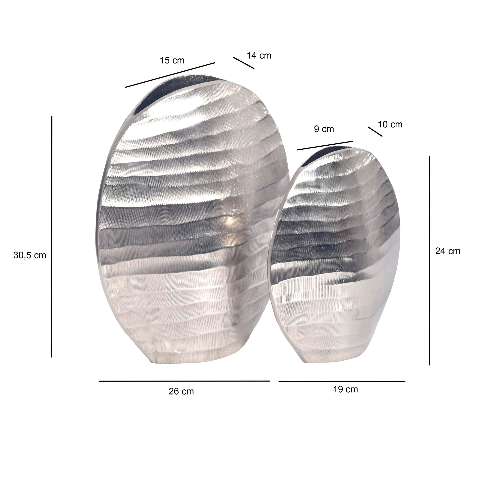 FineBuy Deko Vase 2er Set Aluminium Blumenvase Wellenmuster Modern, Dekovase Rund 2-teilig für Blumen, Alu Tischvase Wohndeko Metall Tischdeko Handgefertigt | Farbe: Silber