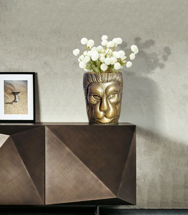 FineBuy Deko Vase Löwenkopf 21 cm Aluminium Gold Blumenvase Modern Klein, Dekovase Rund Extravagant für Blumen, Alu Tischvase Wohndeko Tischdeko Handgefertigt