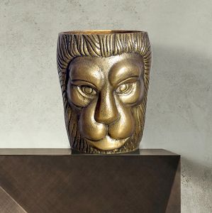 FB108814 FineBuy Deko Vase Löwenkopf 21 cm Aluminium Gold Blumenvase Modern Klein, Dekovase Rund Extravagant für Blumen, Alu Tischvase Wohndeko Tischdeko Handgefertigt