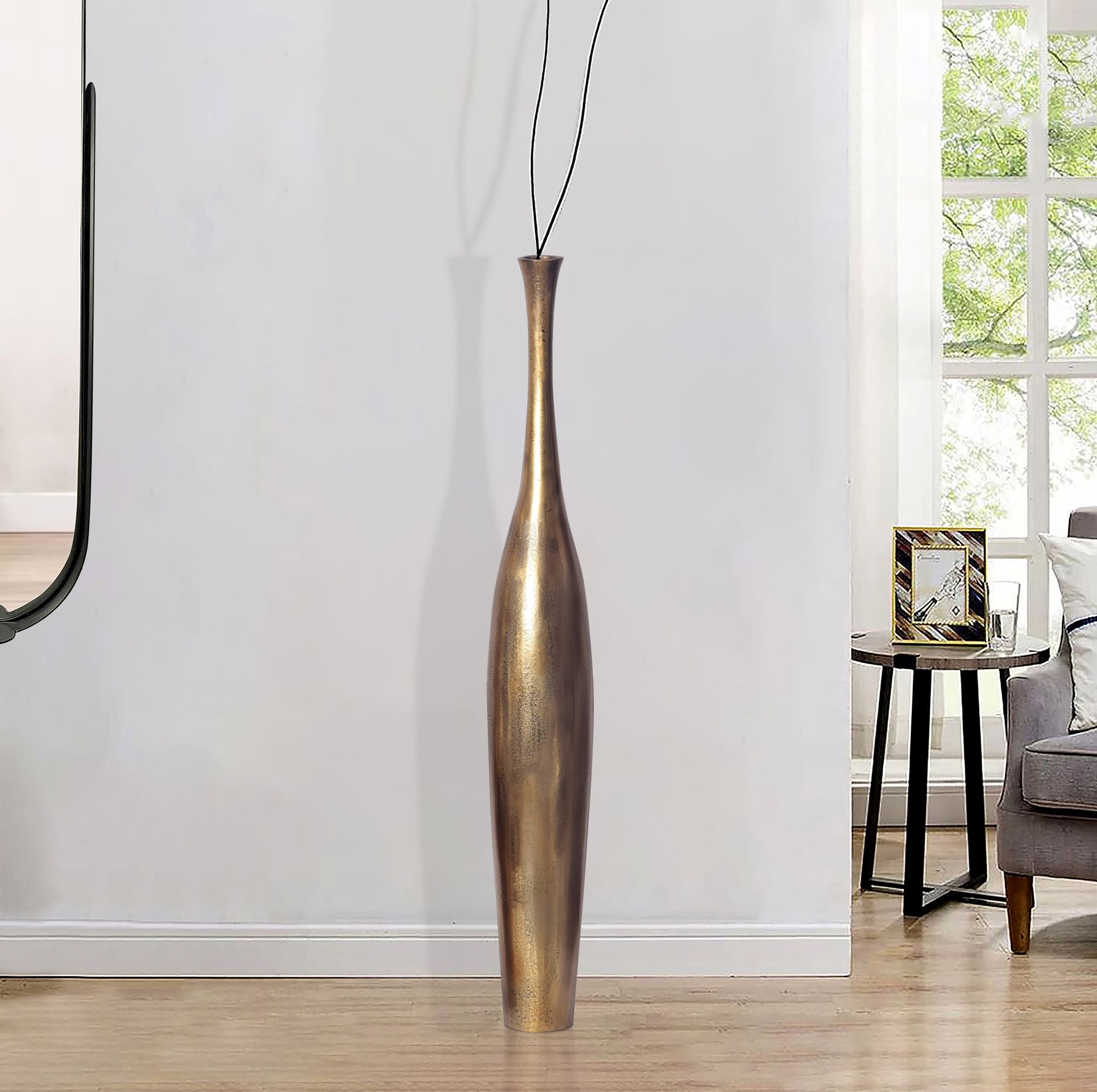 FineBuy Deko Vase Aluminium Gold Blumenvase Modern Groß, Dekovase Extravagant für Blumen, XXL Alu Bodenvase Metall Wohndeko Handgefertigt | Farbe: Gold