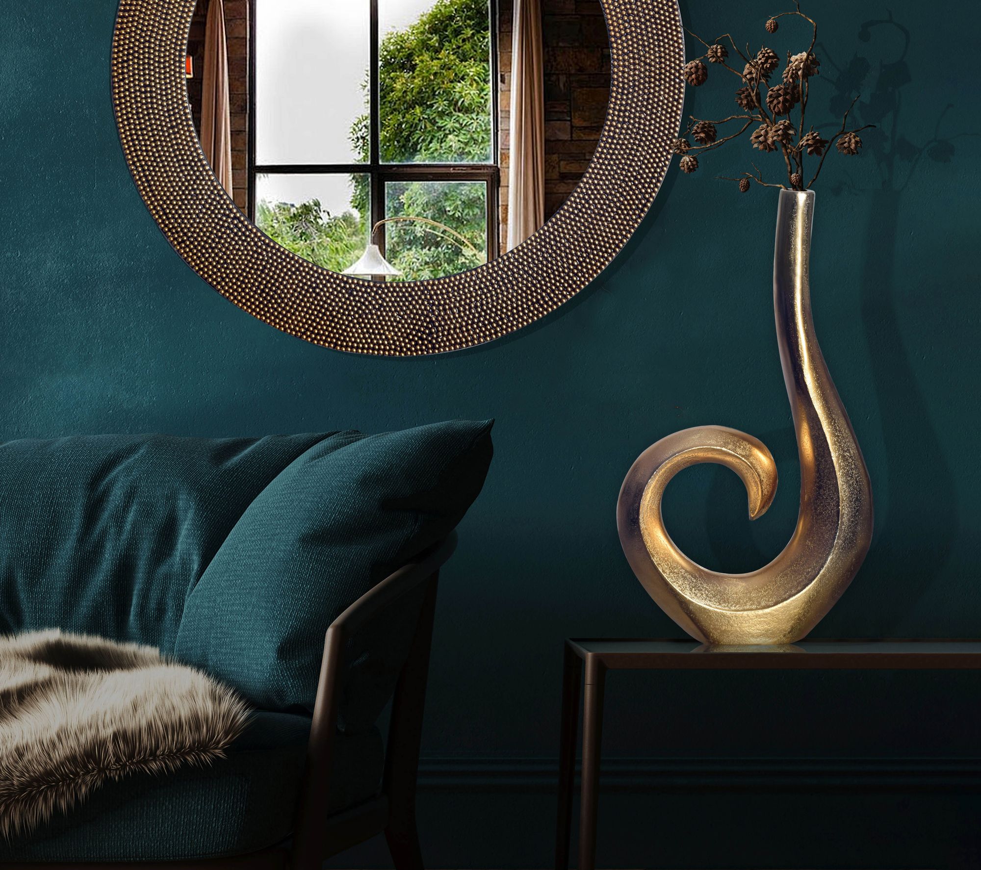 FineBuy Deko Vase 47 cm Aluminium Spirale Blumenvase Modern Klein, Dekovase Extravagant für Blumen, Alu Tischvase Wohndeko Tischdeko Handgefertigt | Farbe: Gold