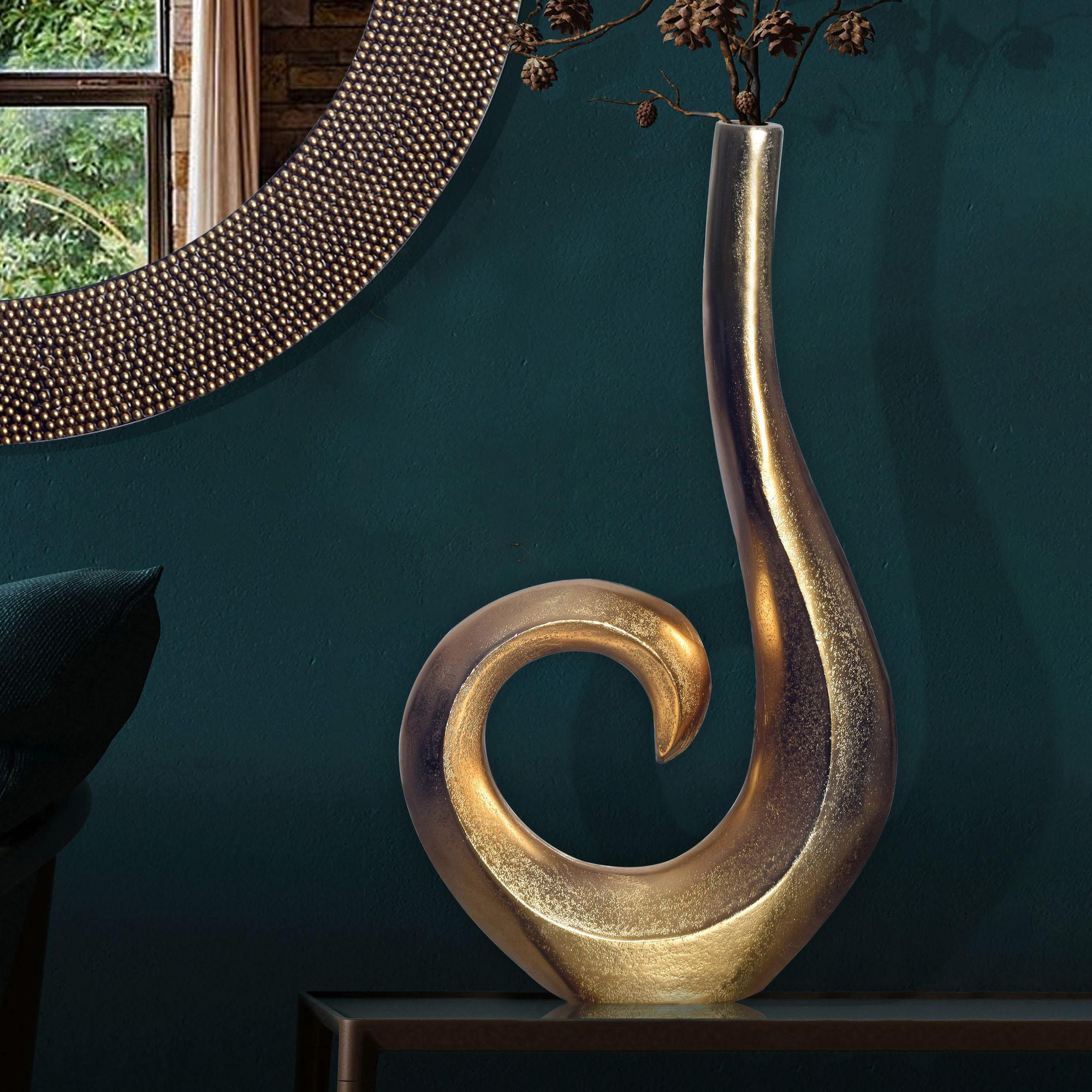 FineBuy Deko Vase 47 cm Aluminium Spirale Blumenvase Modern Klein, Dekovase Extravagant für Blumen, Alu Tischvase Wohndeko Tischdeko Handgefertigt | Farbe: Gold