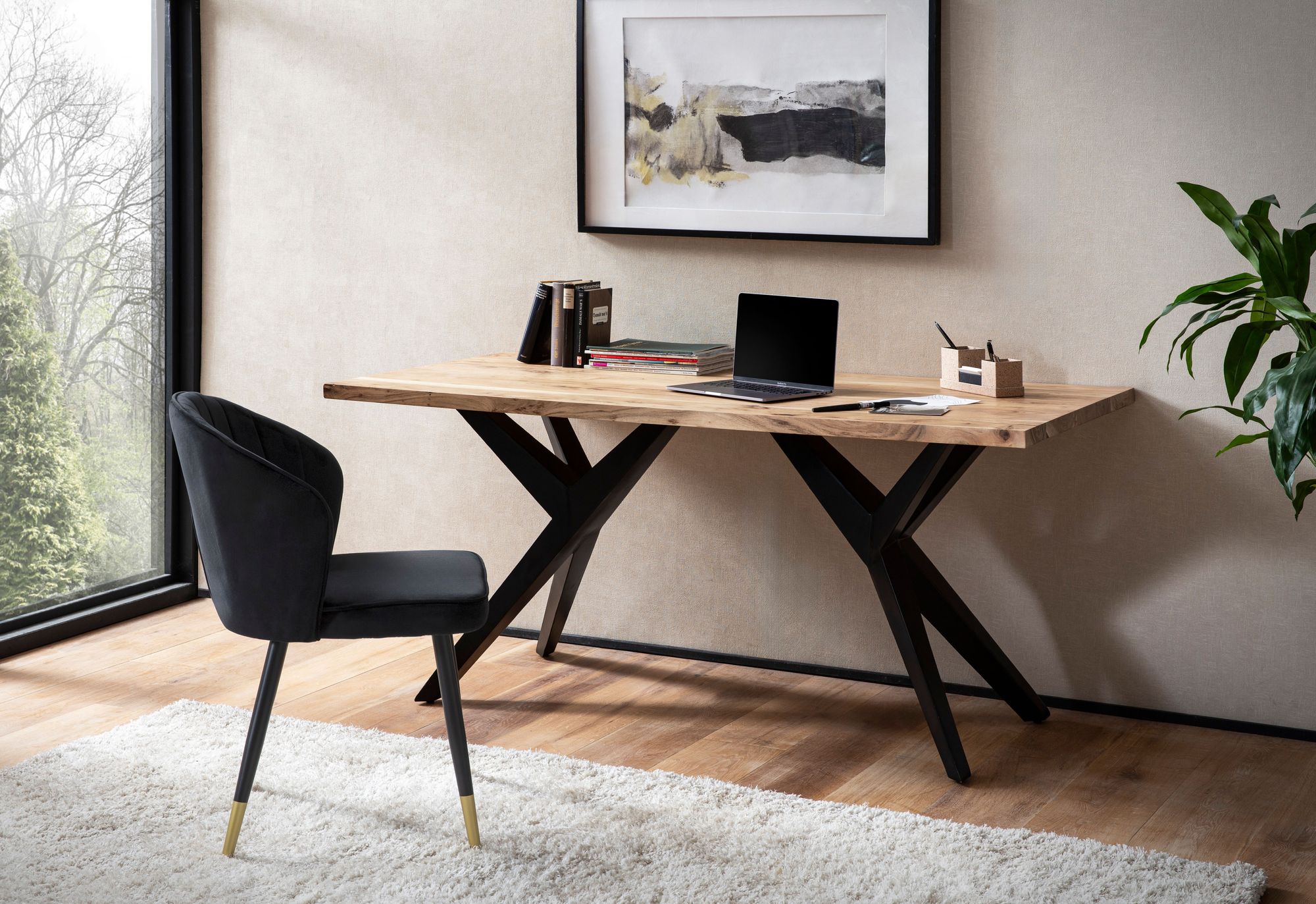 FineBuy Schreibtisch Akazie Massivholz Computertisch Loft-Style, Homeoffice Bürotisch mit Metallbeinen, Holztisch Industrial Groß, Laptoptisch Arbeitszimmer Rechteckig | Farbe: Braun