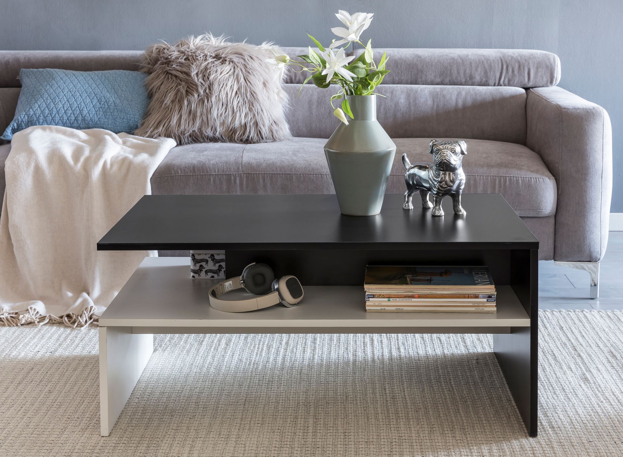 FineBuy Wohnzimmertisch 90 x 43 x 60 cm mit Ablage Holz Schwarz / Weiß, Design Wohnzimmer Couchtisch Zweiteilig mit Stauraum, Sofatisch Eckig Kaffeetisch Modern, Loungetisch Groß & Hoch | Farbe: Weiß