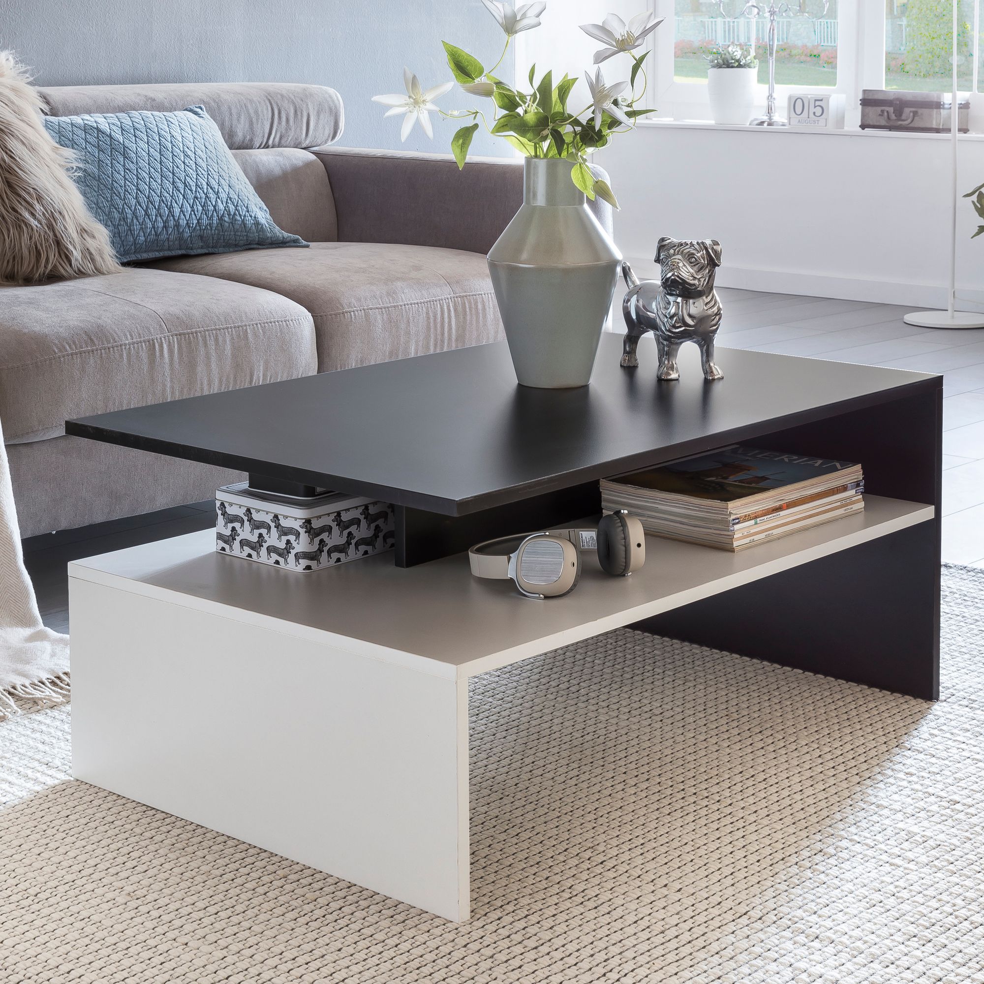 FineBuy Wohnzimmertisch 90 x 43 x 60 cm mit Ablage Holz Schwarz / Weiß, Design Wohnzimmer Couchtisch Zweiteilig mit Stauraum, Sofatisch Eckig Kaffeetisch Modern, Loungetisch Groß & Hoch | Farbe: Weiß
