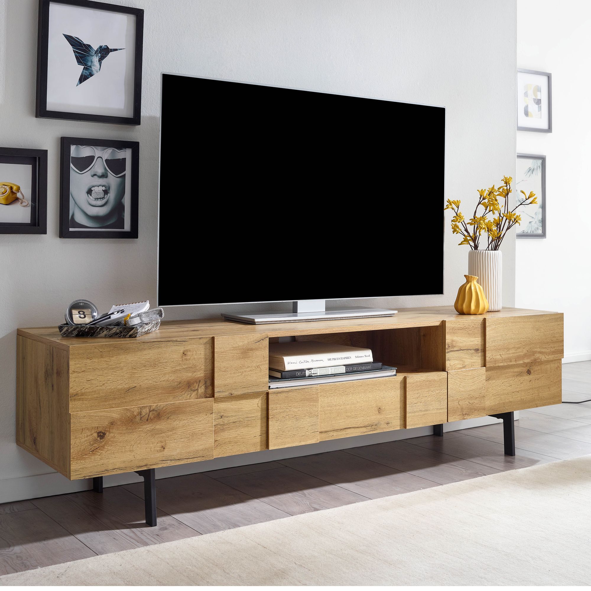 FineBuy Lowboard Holz Eiche-Dekor 160x46x43 cm TV-Kommode mit zwei Türen, Design TV-Schrank Hoch, Fernsehtisch Fernsehschrank Modern, Fernsehkommode Wohnzimmer | Farbe: Braun
