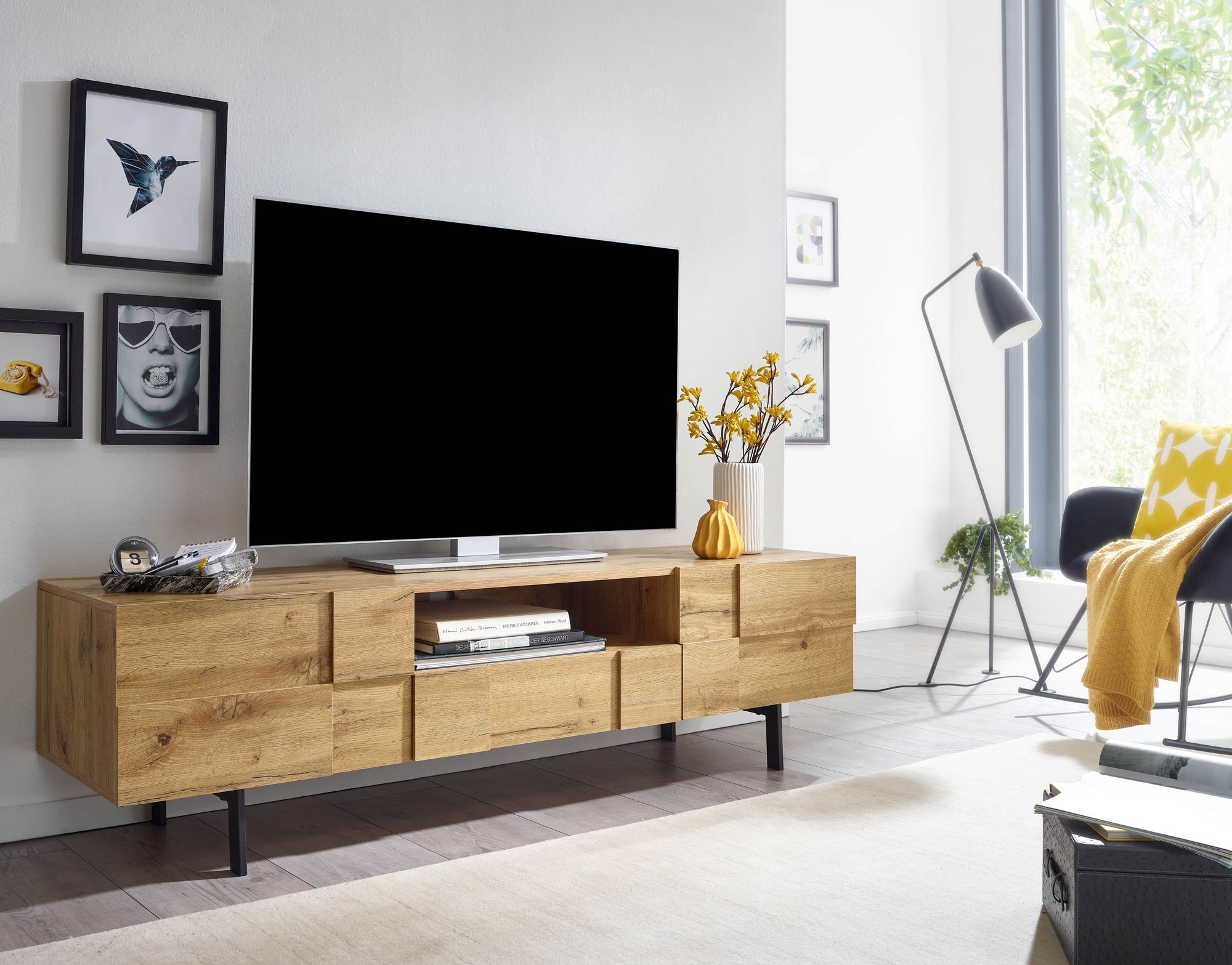 FineBuy Lowboard Holz Eiche-Dekor 160x46x43 cm TV-Kommode mit zwei Türen, Design TV-Schrank Hoch, Fernsehtisch Fernsehschrank Modern, Fernsehkommode Wohnzimmer | Farbe: Braun