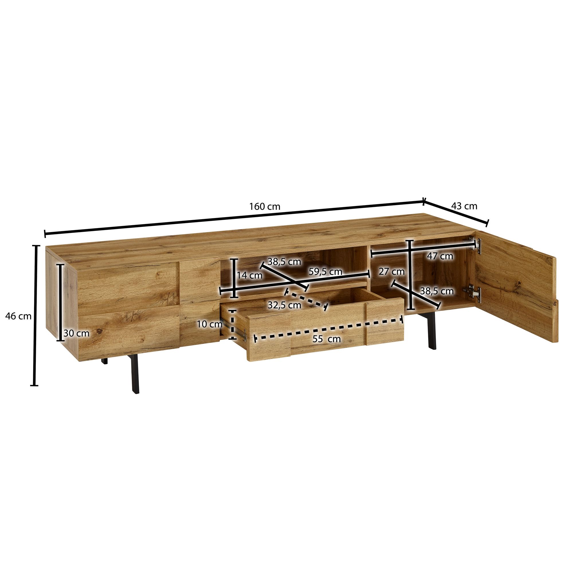 FineBuy Lowboard Holz Eiche-Dekor 160x46x43 cm TV-Kommode mit zwei Türen, Design TV-Schrank Hoch, Fernsehtisch Fernsehschrank Modern, Fernsehkommode Wohnzimmer | Farbe: Braun
