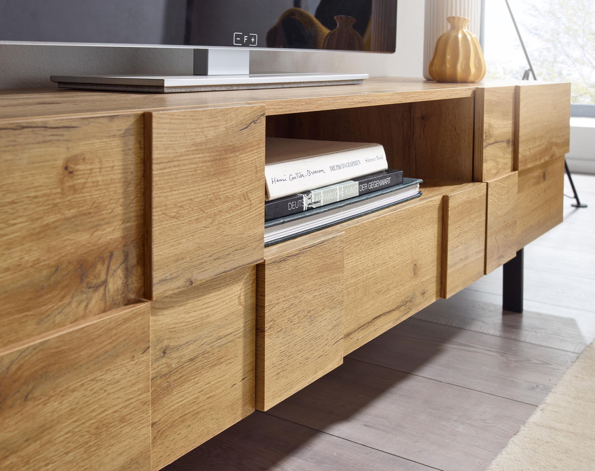 FineBuy Lowboard Holz Eiche-Dekor 160x46x43 cm TV-Kommode mit zwei Türen, Design TV-Schrank Hoch, Fernsehtisch Fernsehschrank Modern, Fernsehkommode Wohnzimmer | Farbe: Braun