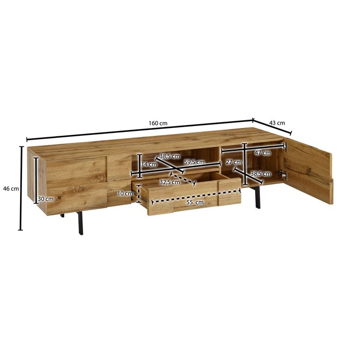 TV Schrank FineBuy Lowboard 160x46x43 cm Holz Fernsehkommode Fernsehschrank – Maßzeichnung