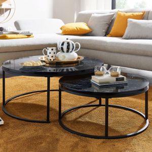 FineBuy Couchtisch 2er Set Schwarz Marmor Optik Sofatisch Rund Modern, Beistelltisch 2-teilig Metall, Runde Wohnzimmertische, Design Satztische