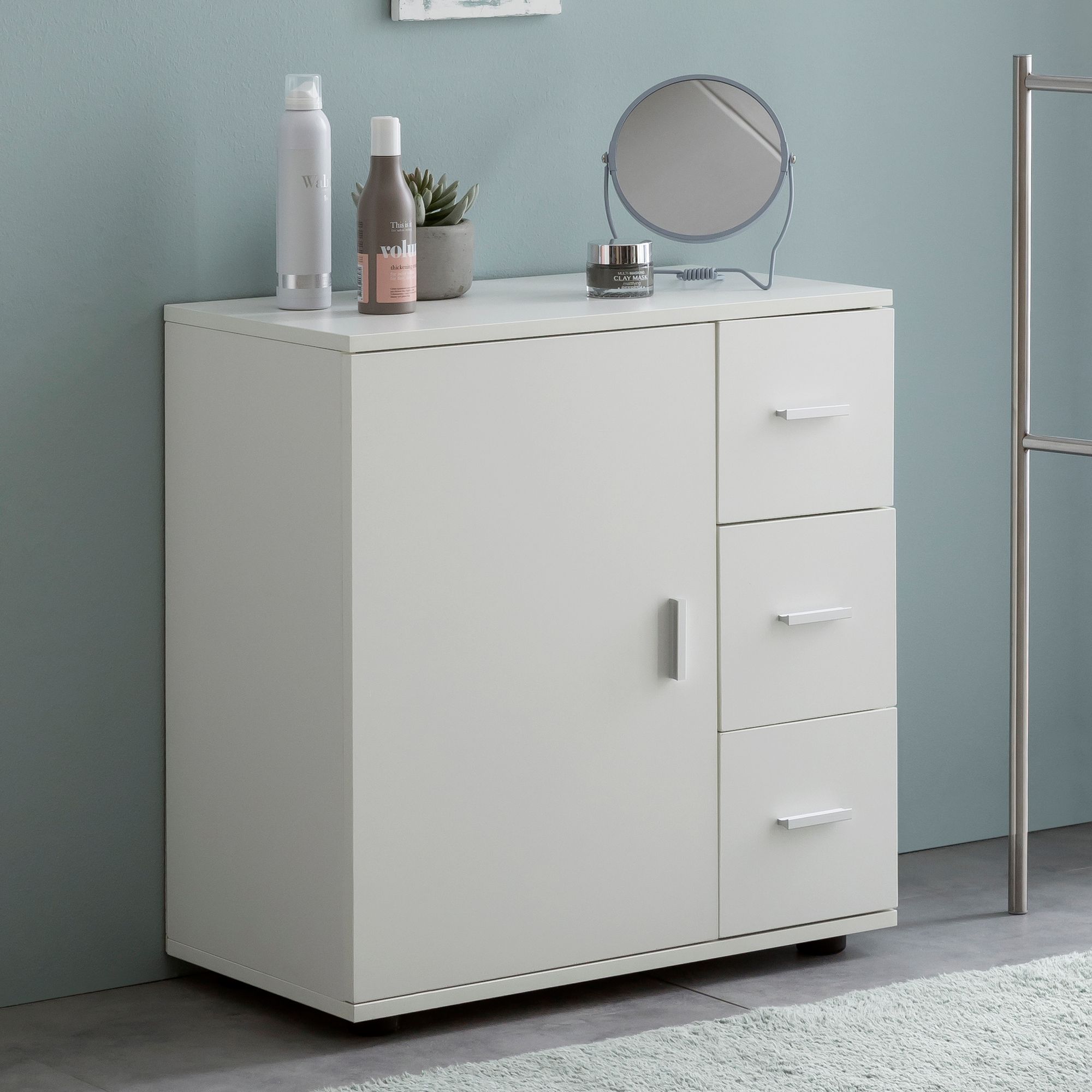 FineBuy Badschrank FB52416 Weiß 60x65,5x33 cm Midi-Schrank mit Tür & Schubladen, Kleiner Beistellschrank Matt, Badregal Schmal Freistehend Badezimmerkommode, Badmöbel Badezimmermöbel | Farbe: Weiß