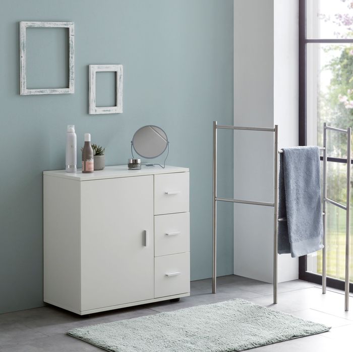 FineBuy Badschrank FB52416 Weiß 60x65,5x33 cm Midi-Schrank mit Tür & Schubladen, Kleiner Beistellschrank Matt, Badregal Schmal Freistehend Badezimmerkommode, Badmöbel Badezimmermöbel