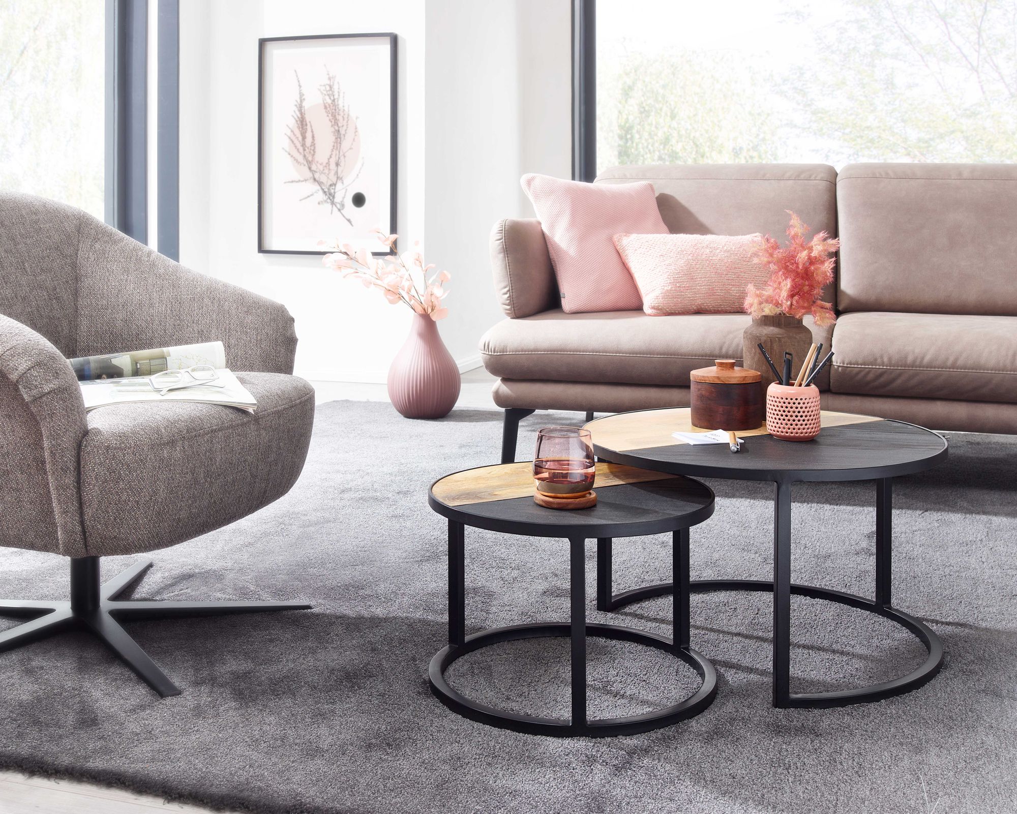 FineBuy Couchtisch Set 2er rund Mango Massivholz & Steinoptik · Wohnzimmertisch Beistelltisch mit Metallgestell Schwarz · Satztische im Industrial Loft Design | Farbe: Schwarz