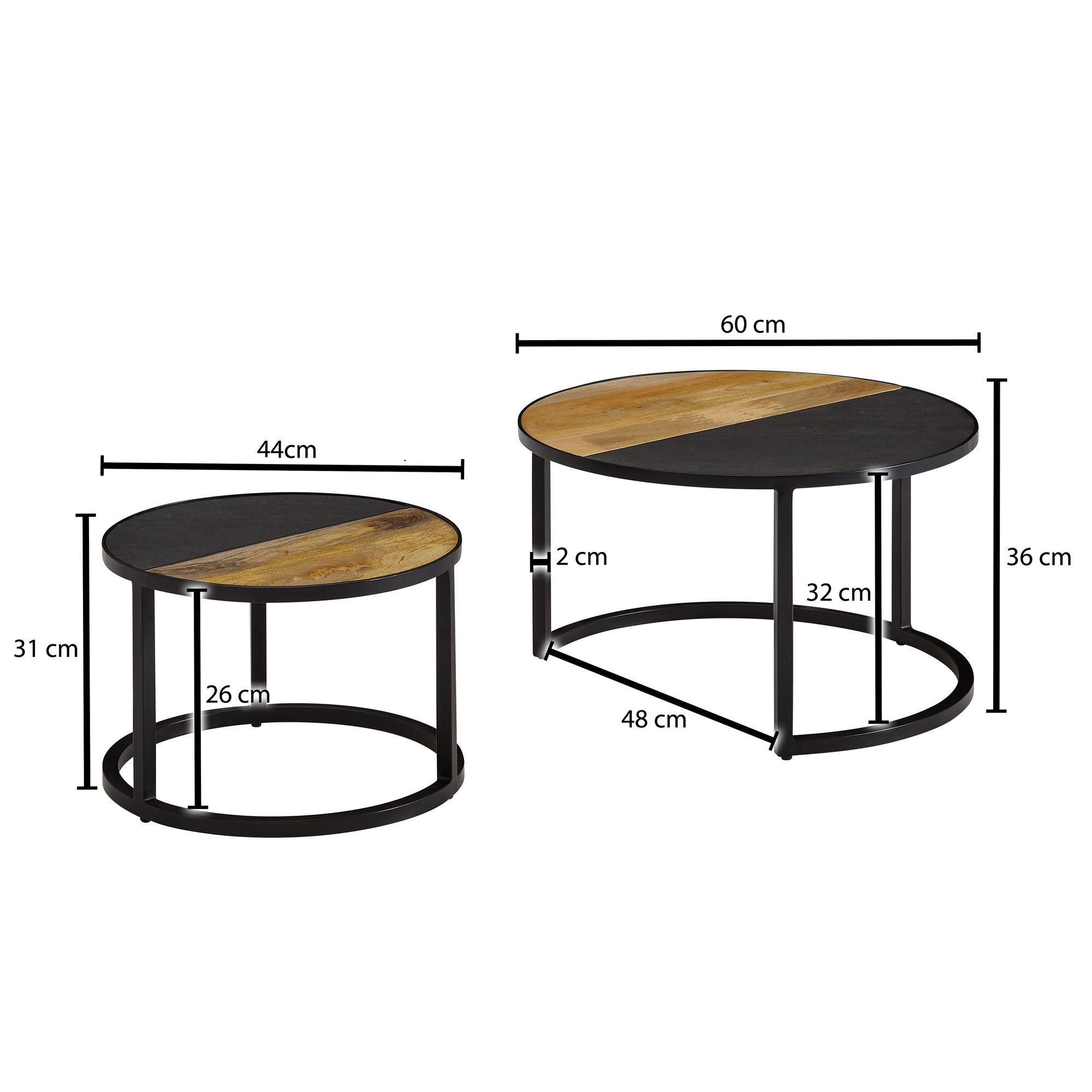 FineBuy Couchtisch Set 2er rund Mango Massivholz & Steinoptik · Wohnzimmertisch Beistelltisch mit Metallgestell Schwarz · Satztische im Industrial Loft Design | Farbe: Schwarz