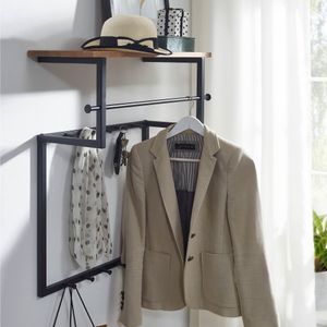 FB109737 FineBuy Design Wandgarderobe Mango Massivholz Metall 60x76x26 cm, Hakenleiste mit Ablage und Kleiderstange, Flurgarderobe Garderobe Wand Holz