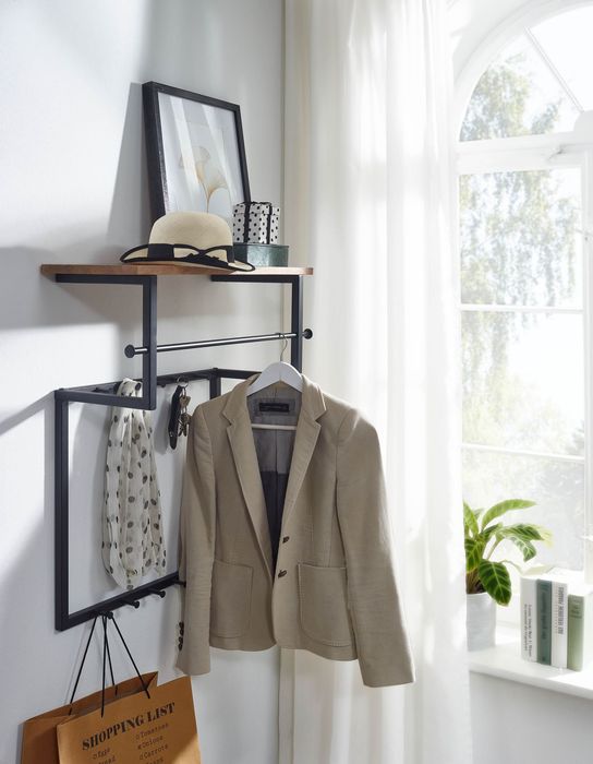 FineBuy Design Wandgarderobe Mango Massivholz Metall 60x76x26 cm, Hakenleiste mit Ablage und Kleiderstange, Flurgarderobe Garderobe Wand Holz