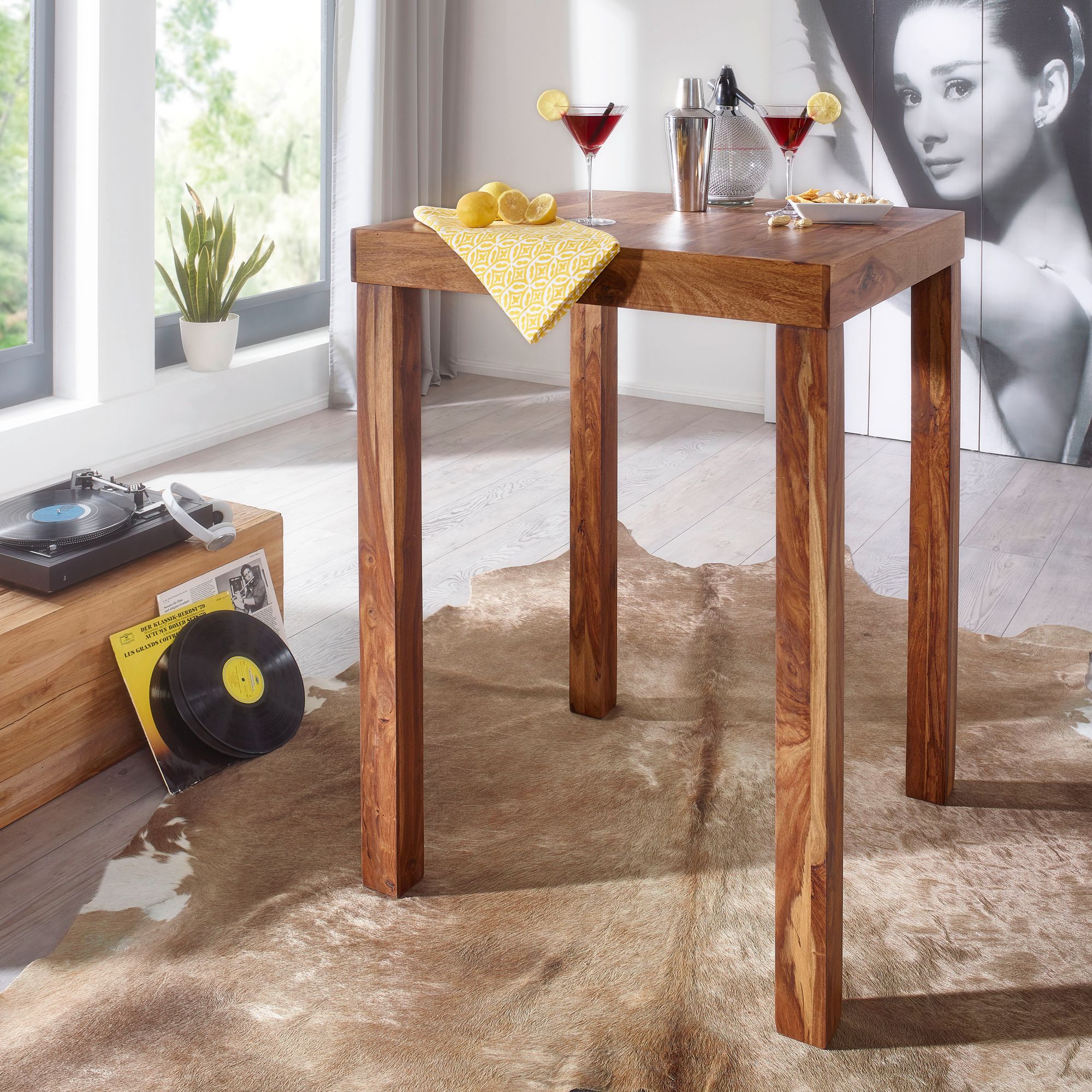 FineBuy Bartisch Massivholz Sheesham 80 x 80 x 110 cm Bistro-Tisch modern Landhaus-Stil Steh-Tisch quadratisch dunkel-braun Natur-Produkt Massiv-Holz-Möbel Hausbar Esstisch Echt-Holz unbehandelt | Farbe: Braun