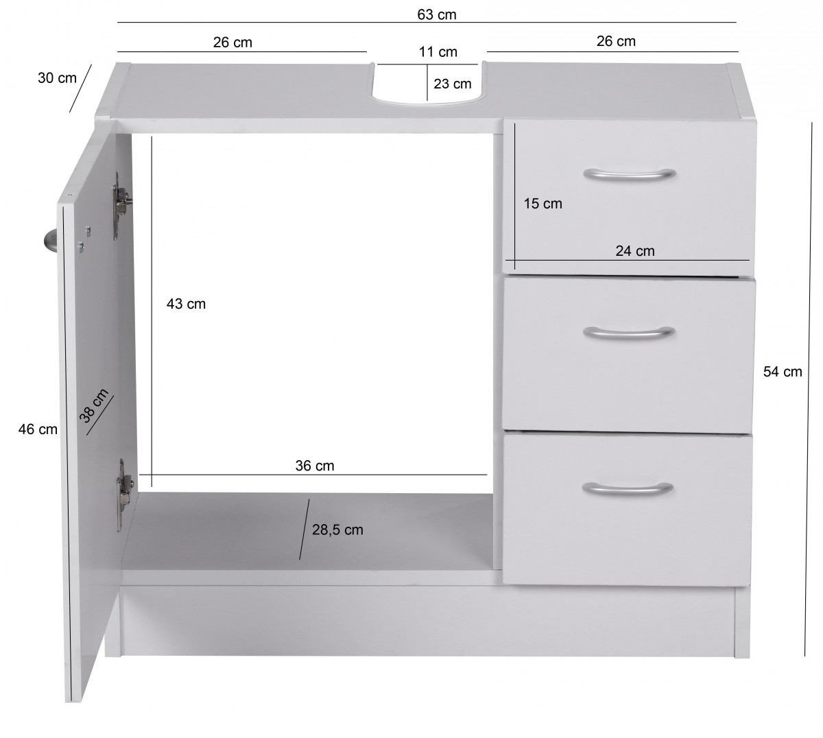 FineBuy Waschbecken-Unterschrank 54 x 63 x 30 cm weiß mit 1 Tür und 3 Schubladen, Unterstellschrank Bad mit Siphonausschnitt, Bad-Schrank klein Waschbecken | Farbe: Weiß