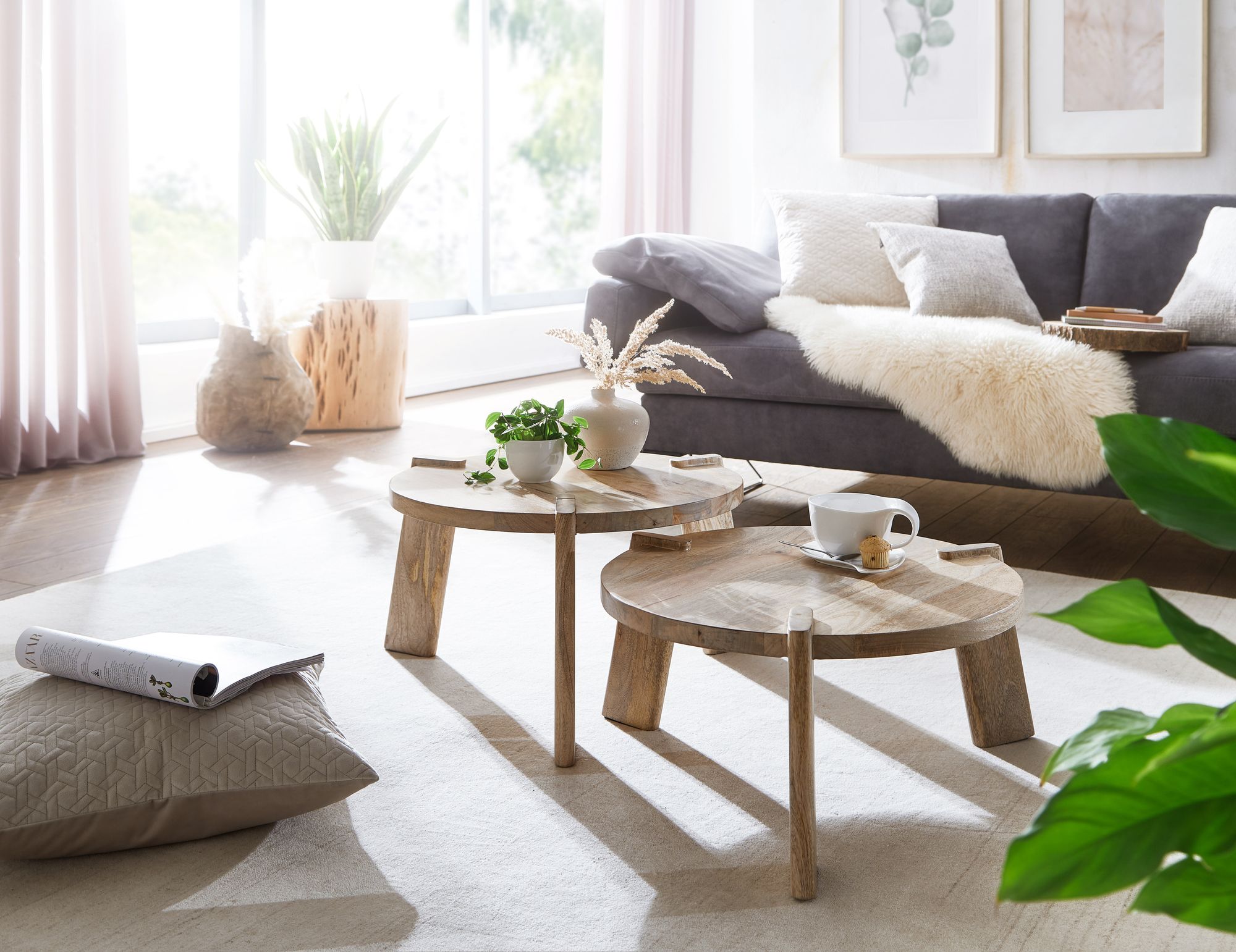 FineBuy Couchtisch Set 2er Mango Massivholz rund Natur · Wohnzimmertisch Beistelltisch im Japandi Design · Handgefertigte Satztische aus Echtholz mit Klarlack | Farbe: Braun