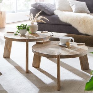 FineBuy Design Couchtisch 2er Set Mango Massivholz Wohnzimmertisch Hell, Satztisch Holztisch Rund Beistelltisch, Tischset 2-teilig Kaffeetisch Holz