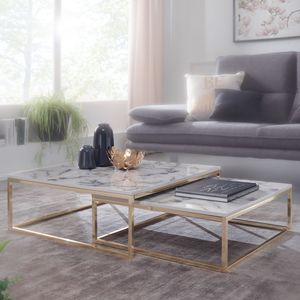 FineBuy Design Couchtisch 2er Set Weiß Marmor Optik Eckig, Couchtische 2-teilig Tischgestell Metall Gold, Edle Wohnzimmertische, Moderne Satztische