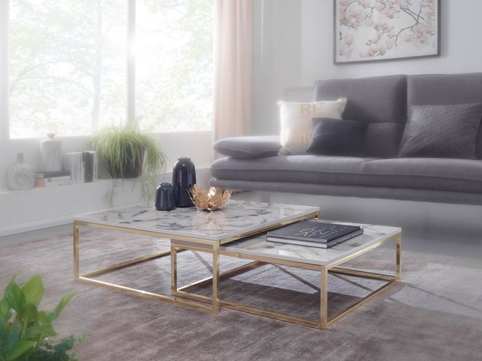 FineBuy Design Couchtisch 2er Set Weiß Marmor Optik Eckig, Couchtische 2-teilig Tischgestell Metall Gold, Edle Wohnzimmertische, Moderne Satztische