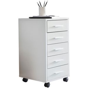 FineBuy Rollcontainer Weiß 33 x 63 x 38 cm Holz Schubladenschrank Schreibtisch, Büro Schrank mit 5 Schubladen, Container Rollschrank klein Standcontainer schmal, Schreibtischcontainer mit Rollen