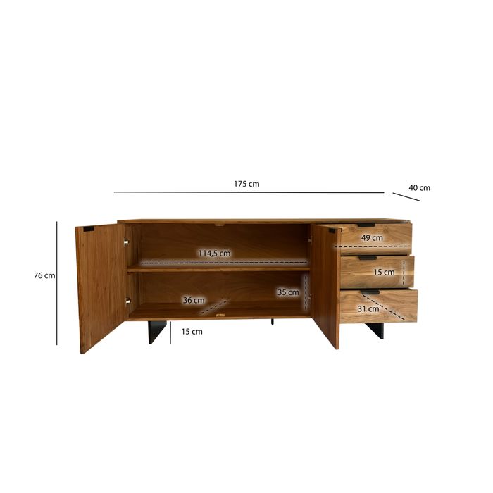 Sideboard FineBuy 175 cm Massivholz Steinoptik Kommode Anrichte Türen Schubladen – Maßzeichnung
