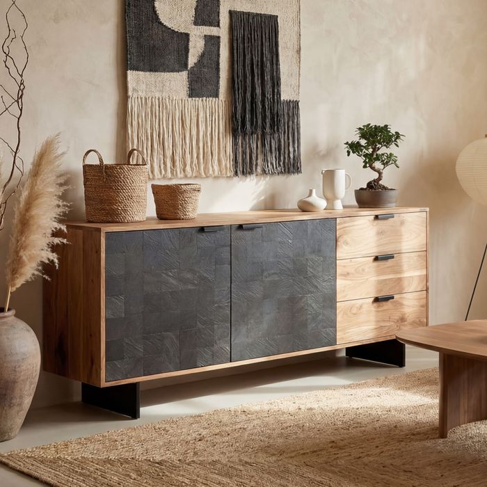 FineBuy Sideboard Akazie Massivholz 175 cm 2 Türen & 3 Schubladen - Massive Retro Kommode Steinoptik - Design Natur Anrichte - Handmade Industrial