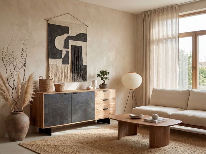 FineBuy Sideboard Akazie Massivholz 175 cm 2 Türen & 3 Schubladen - Massive Retro Kommode Steinoptik - Design Natur Anrichte - Handmade Industrial