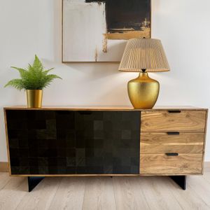 FineBuy Sideboard 175x76x40 cm Akazie Massivholz Kommode mit Steinoptik, Hoher Kommodenschrank Modern, Standschrank mit 2 Türen und 3 Schubladen, Anrichte Wohnzimmer