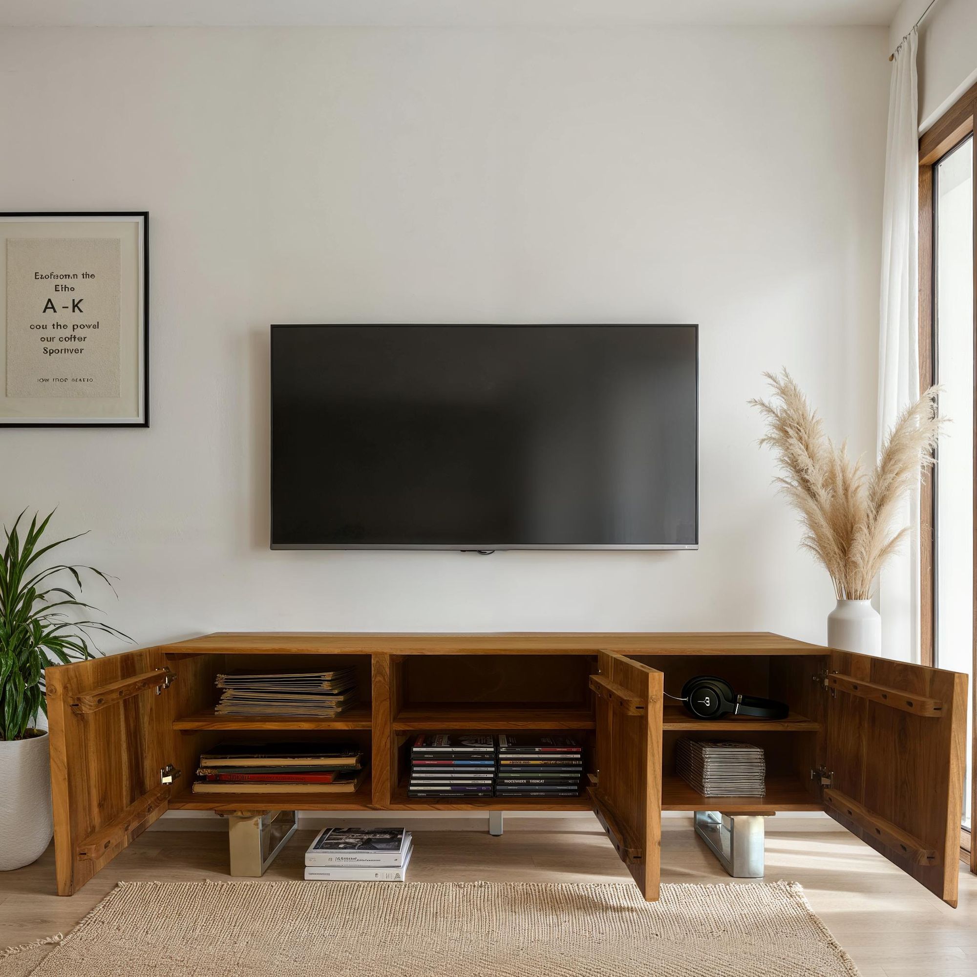 FineBuy Lowboard Akazie Massivholz 160x56x46 cm TV-Kommode mit drei Türen, Design TV-Schrank Hoch, Fernsehtisch Fernsehschrank Modern, Fernsehkommode Wohnzimmer mit Metallbeine | Farbe: Braun