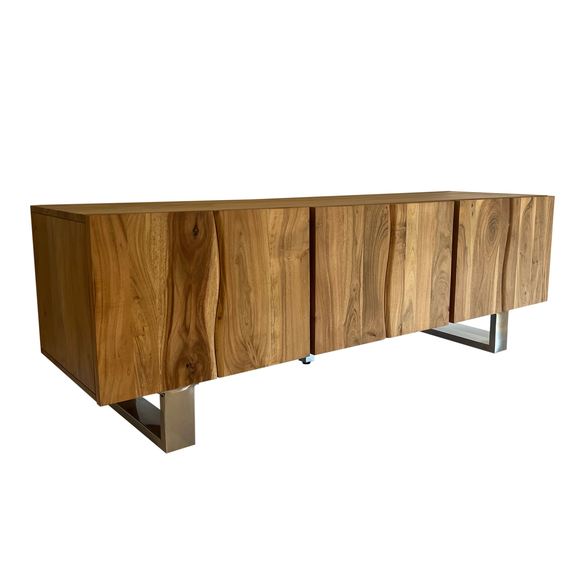FineBuy Lowboard Akazie Massivholz 160x56x46 cm TV-Kommode mit drei Türen, Design TV-Schrank Hoch, Fernsehtisch Fernsehschrank Modern, Fernsehkommode Wohnzimmer mit Metallbeine | Farbe: Braun