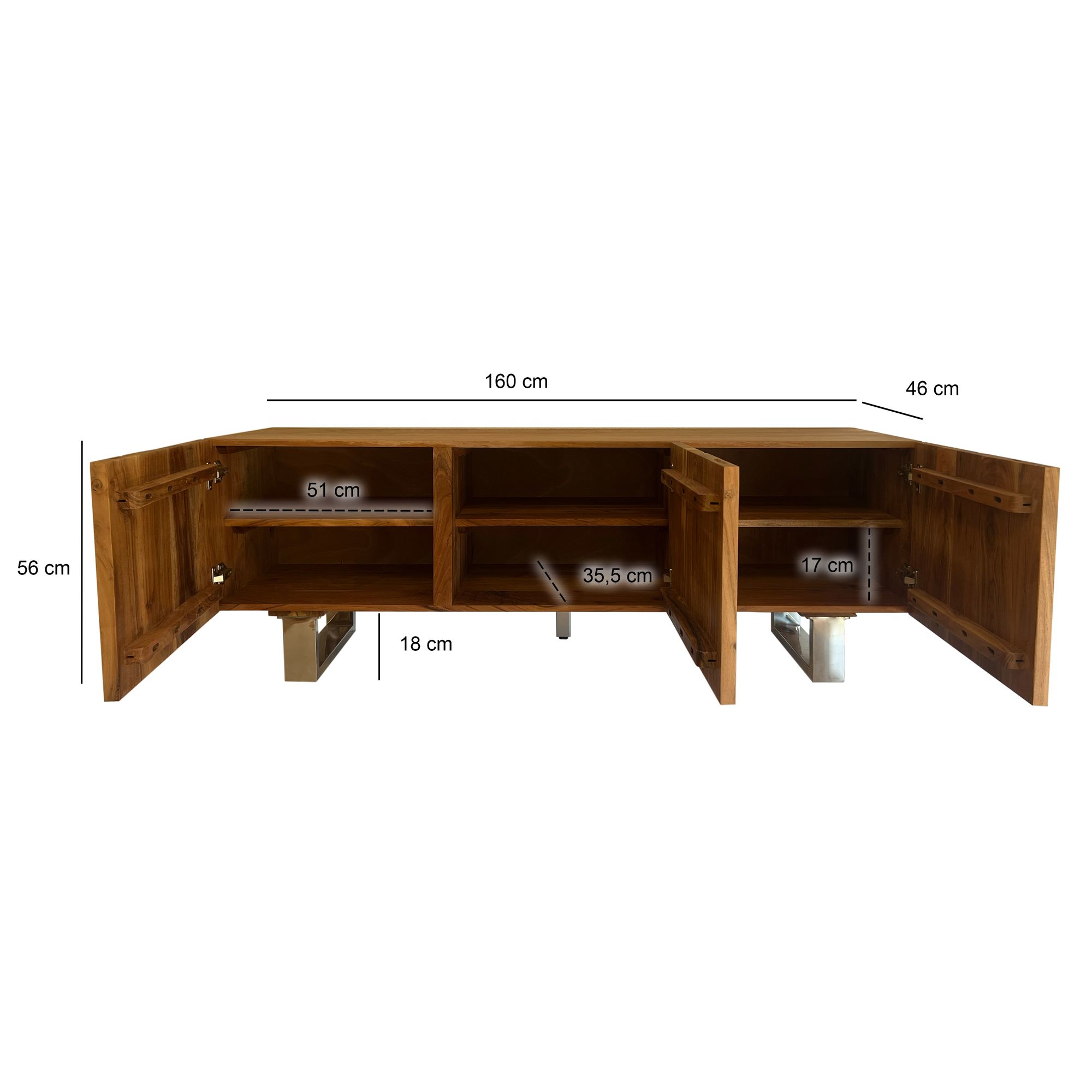 FineBuy Lowboard Akazie Massivholz 160x56x46 cm TV-Kommode mit drei Türen, Design TV-Schrank Hoch, Fernsehtisch Fernsehschrank Modern, Fernsehkommode Wohnzimmer mit Metallbeine | Farbe: Braun