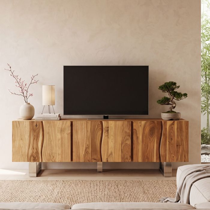 FineBuy Lowboard Akazie Massivholz 160x56x46 cm TV-Kommode mit drei Türen, Design TV-Schrank Hoch, Fernsehtisch Fernsehschrank Modern, Fernsehkommode Wohnzimmer mit Metallbeine