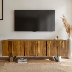 FineBuy Lowboard Akazie Massivholz 160x56x46 cm TV-Kommode mit drei Türen, Design TV-Schrank Hoch, Fernsehtisch Fernsehschrank Modern, Fernsehkommode Wohnzimmer mit Metallbeine