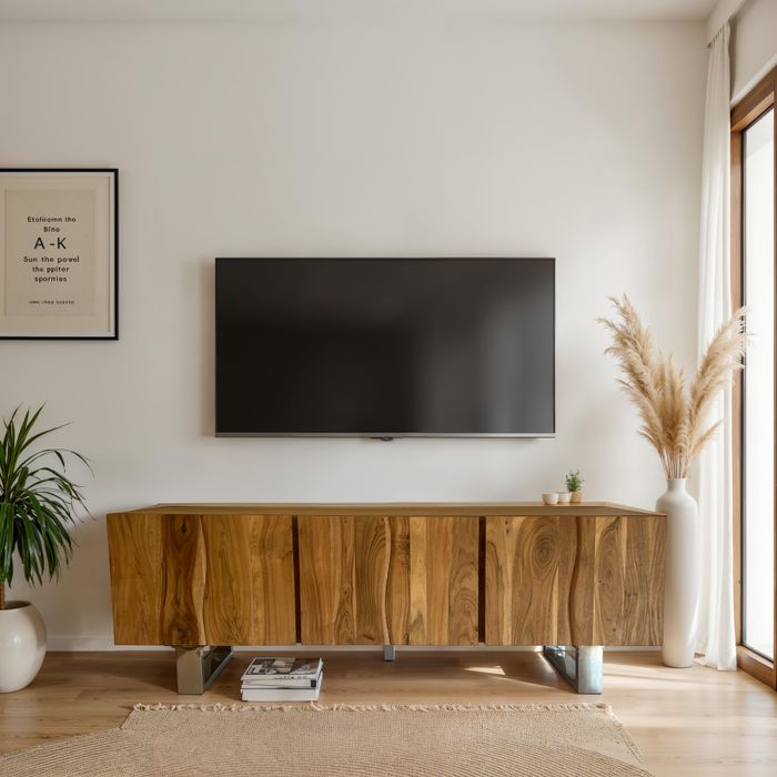 FineBuy Lowboard Akazie Massivholz 160x56x46 cm TV-Kommode mit drei Türen, Design TV-Schrank Hoch, Fernsehtisch Fernsehschrank Modern, Fernsehkommode Wohnzimmer mit Metallbeine