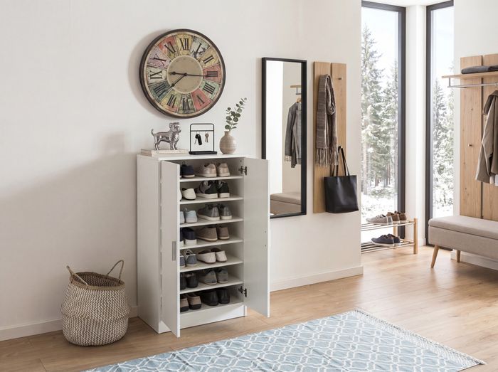 FineBuy Schuhschrank mit 2 Türen Weiß 55x108x35 cm Schuhregal Holz geschlossen, Design Dielenschrank Garderobenschrank schmal, Flurschrank hoch, Schuhaufbewahrung Garderobe Dielenmöbel