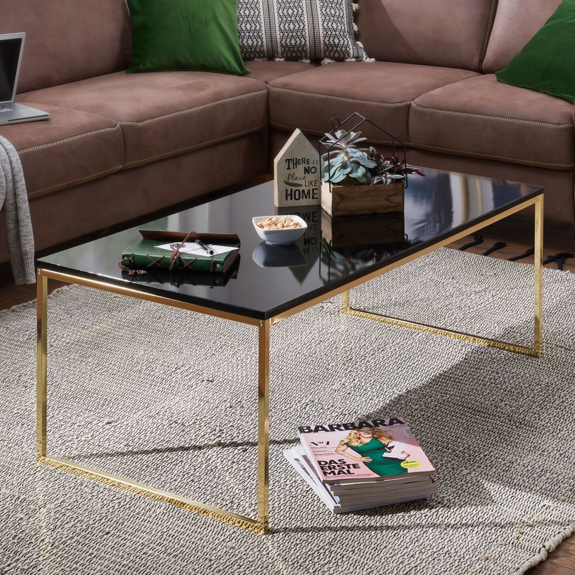 FineBuy Couchtisch 120x45x60 cm Metall Holz Sofatisch Schwarz / Gold, Design Wohnzimmertisch rechteckig, Stubentisch mit Metallgestell, Kaffeetisch klein, Wohnzimmer Loungetisch modern | Farbe: Gold