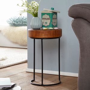 FineBuy Beistelltisch Massiv-Holz Sheesham Wohnzimmer-Tisch Metallbeine Landhaus-Stil Baumstamm-Form Echt-Holz Natur