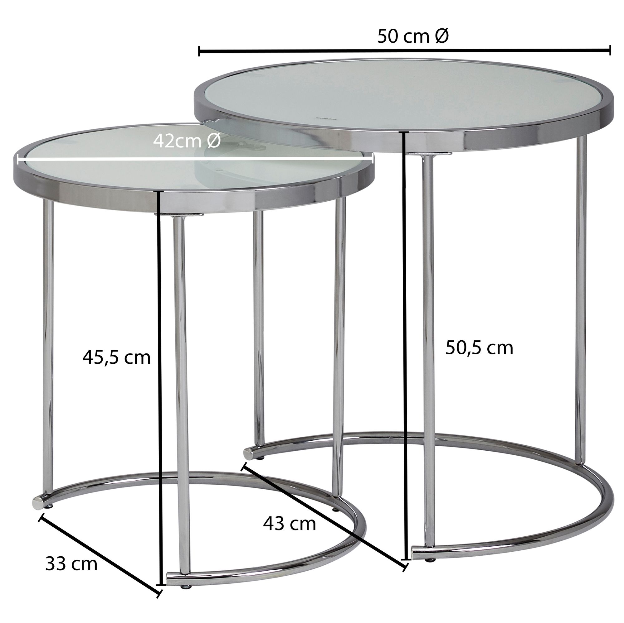FineBuy Design Beistelltisch Rund Ø 50/42 cm - 2 teilig Weiß Silber mit Glasplatte, Wohnzimmertisch 2er Set, Satztisch Milchglas, Couchtisch | Farbe: Weiß