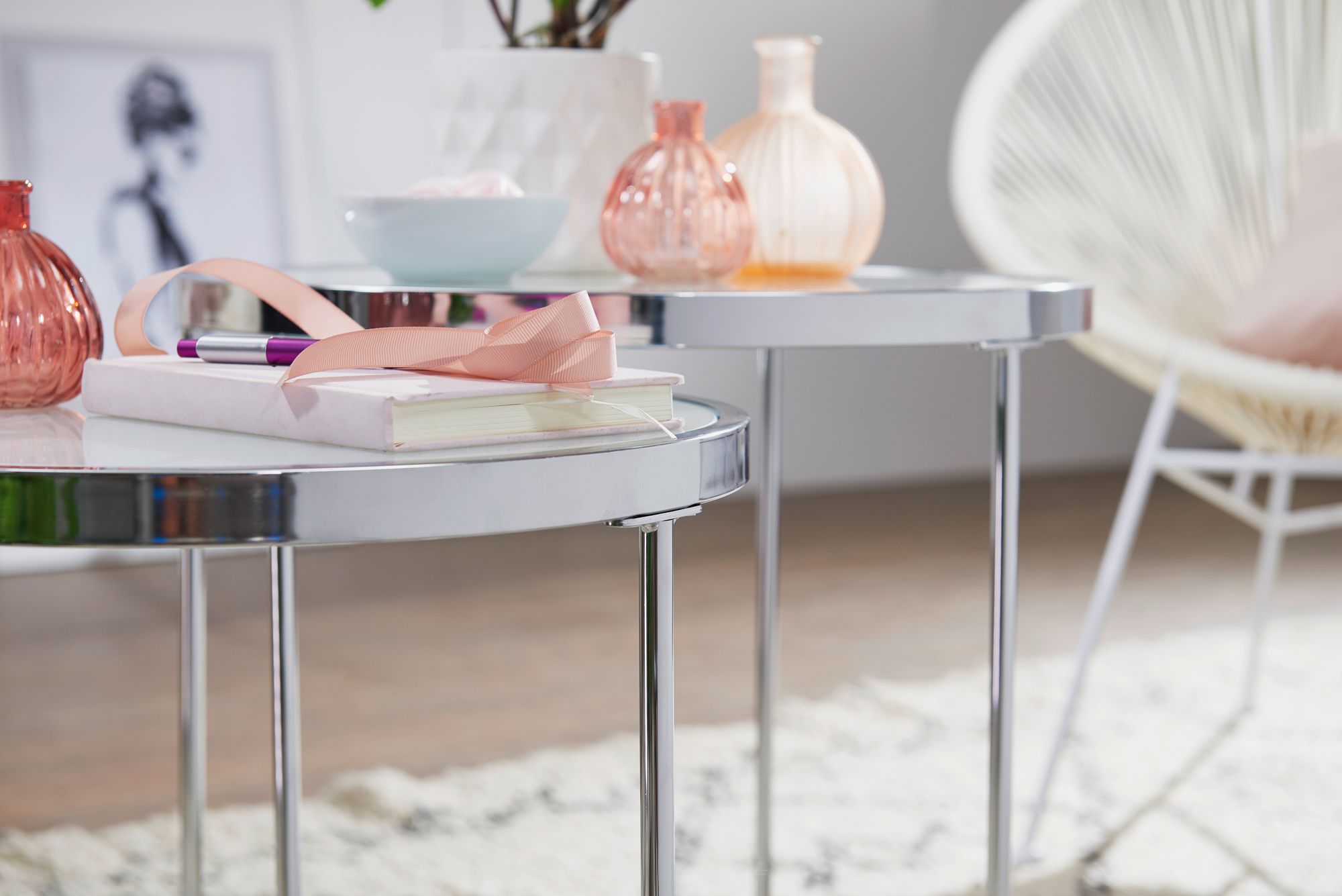 FineBuy Design Beistelltisch Rund Ø 50/42 cm - 2 teilig Weiß Silber mit Glasplatte, Wohnzimmertisch 2er Set, Satztisch Milchglas, Couchtisch | Farbe: Weiß