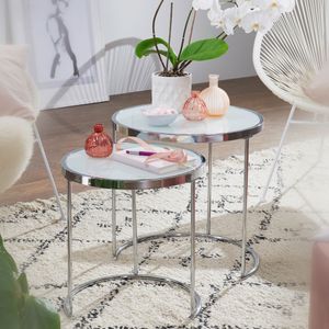 FineBuy Design Beistelltisch Rund Ø 50/42 cm - 2 teilig Weiß Silber mit Glasplatte, Wohnzimmertisch 2er Set, Satztisch Milchglas, Couchtisch