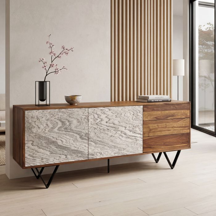 Sideboard FineBuy 175 cm Anrichte Massivholz Steinoptik Kommode Türen Schubladen