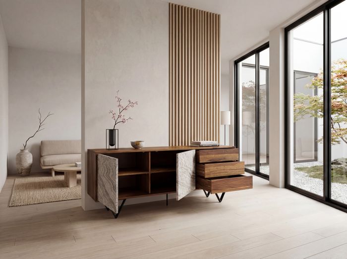 Sideboard FineBuy 175 cm Anrichte Massivholz Steinoptik Kommode Türen Schubladen