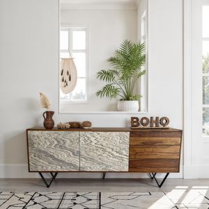 FineBuy Sideboard 175x71x40 cm Sheesham Massivholz Kommode mit Steinoptik Weiß, Hoher Kommodenschrank Modern, Standschrank mit 2 Türen und 3 Schubladen, Anrichte Wohnzimmer